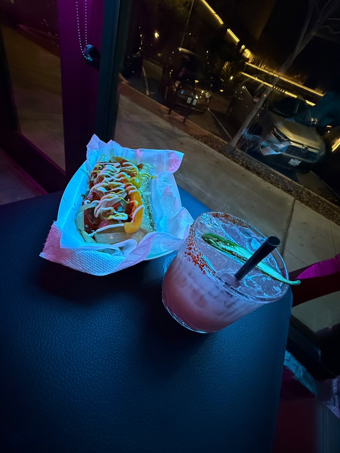 Tower Hotdog and michelada at the bar — Fresno nightlife